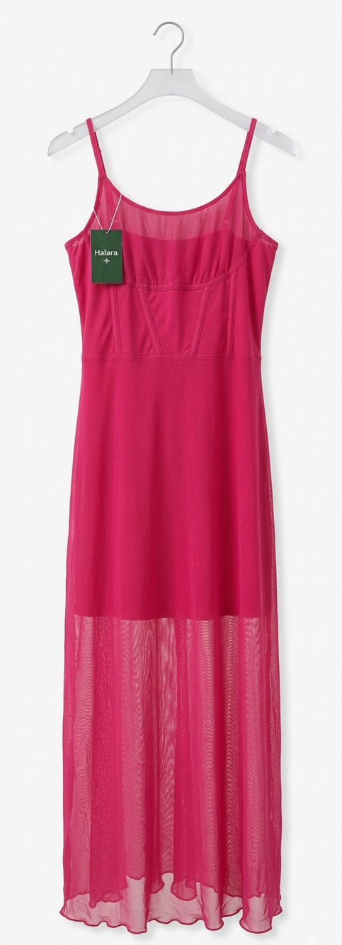 Halara Maxi Slip Corset Dress Small Pink Sheer Mesh Overlay Spaghetti Straps NWT